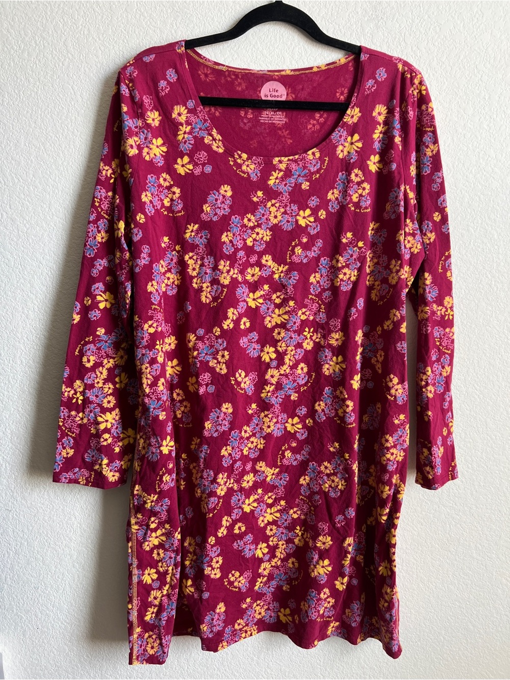 Life is Good Women's Burgundy Floral Long Sleeve Dress Sleep Wear sz XL